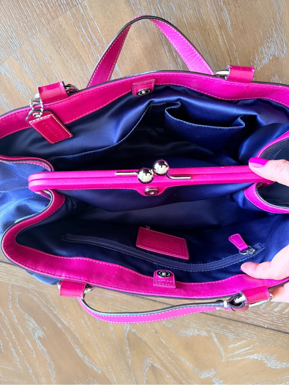 Coach Navy Signature Tote with Hot Pink Trim - Picture 15 of 16